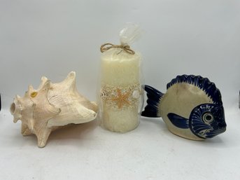 Marine Decor - Large Shell, Pillar Candle, And Fish