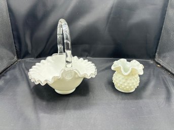White And Clear Glass Basket And Milk Glass Dish