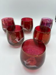 Set Of 6 Cranberry Red Flash Glass Small Glasses With Etched Deer Design