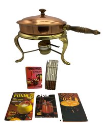 Vintage Copper And Brass Plated Chafing Dish With Fondue Cookbooks And Fondue Forks