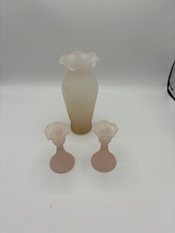Vintage Light Pink Frosted Glass Vase And Candle Holders