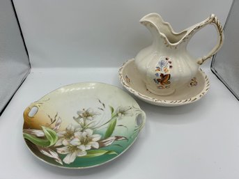 Vintage Hand Painted Plate And Hand Decorated Pitcher With Bowl