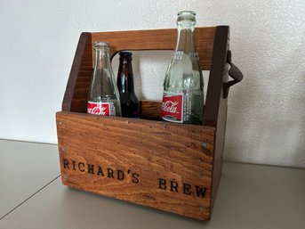 Wood Bottle Tote With Opener And Glass Bottles