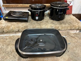 Small Appliances - 2 Crock Pots, Electric Skillet, And A Portable Single Burner