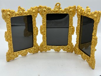 Tri-fold Ornate Gold Toned Picture Frames