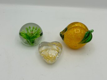 Art Glass Paperweights - Peach, Heart, And Flower