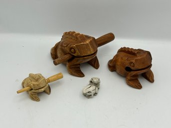 3 Carved Wood Croaking Frogs And A Figurine