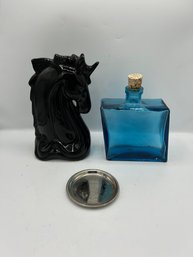 Home Decor - Black Unicorn Head, Blue Bottle, And Silver Plate Coaster