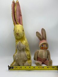 Antique Fur And Velvet Bunny Rabbit And Child In Rabbit Costume Plush Toys Rare