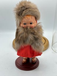 Vintage Doll In Glass Case With Real Fur
