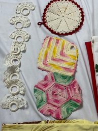Vintage Napkin Rings, Pot Holders, And Table Cloths