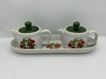 1960s McCoy Strawberry Fields Teapots And Bread Plate /platter