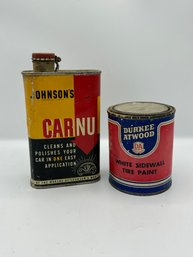 Vintage Carnu Car Polish / Cleaner And Durkee Atwood White Sidewall Tire Paint Containers