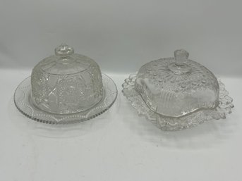 2 Pressed Glass Butter / Cheese Lidded Dishes