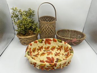 Woven Baskets One With Autumn Leaf Lining And Another With Faux Foliage
