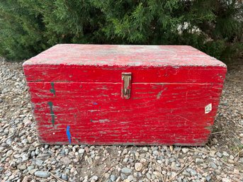Red Painted Wood Box With Handles And Latch