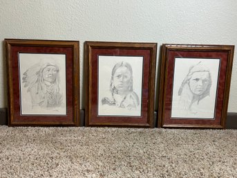 Trio Of Framed Native American Pencil Art Prints By Gilmore