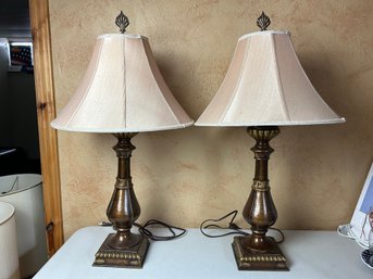 Pair Of Brass Table Lamps With Bell Shaped Shade