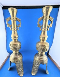 Vintage Brass Oriental Dragon Pair Of Candlesticks Great Patina!