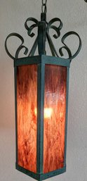 Rare Find, Mid Century Green Wrought Iron Swag Light Fixture With 6-glass Sided Panels 'fantastic!'