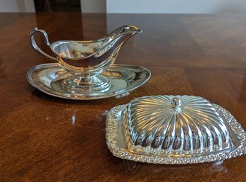 Butter Dish With Gravy Boat Silver Tone.