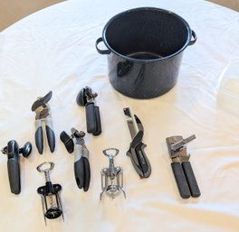 Granite Ware Enamel Pot With A Lot Of Can Openers, Wine Openers.
