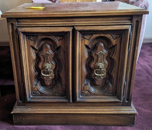 Two Door End Table With Craved Doors Brass Handles Mid-century Fixer Upper.