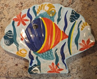 Large Ceramic Colorful Scallop Shape Plate With Hand-Painted Fish Made In Mexico
