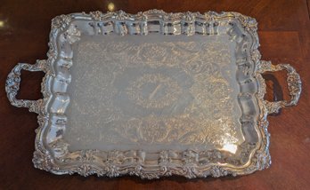 Sheffield Plated Rectangular Engraved Serving Tray With Two Handles.
