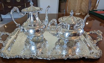 Vintage Ascot Sheffield Design Reproduction By Community Silver Plated Tray W/ Coffee & Tea Pot.