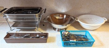 Vintage Farberware Open Hearth Electric, Stainless Steel Colander, And Utensils.