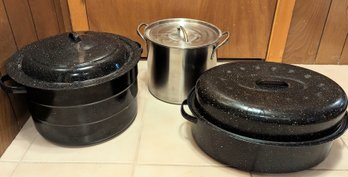 Speckleware  Roasting Pan, Large Speckleware Round Canning Pot, And Large Stainless Steel Pot.