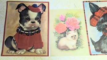 Kitten, Boston Terrier Puppy, And Scottish Terrier Puppy Vintage Litho Art