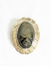 Huge Obsidian Hand Carved Face Taxco Sterling Silver Pendant.