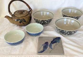 Asian Decorated Bowls And Tea Pot.
