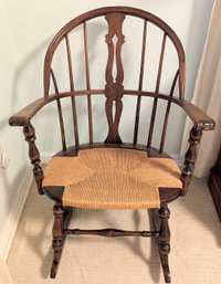 19th Century Dark Stain Hand Tied Rush Seat  Windsor Back Rocking Chair