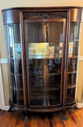 Antique Tiger Oak Curio Curved Glass Claw Foot China Cabinet