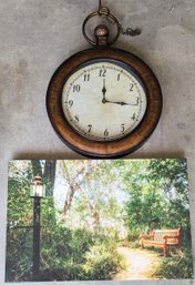 Antique Reproduction Hanging Watch & Print On Canvas Bench In The Park.