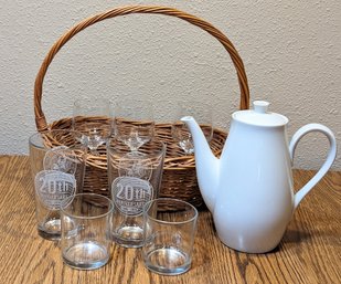 Group Of Collectible Glass Ware, Basket, And Coffee Pot.