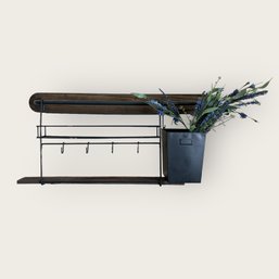 Metal And Wood Floating Shelf With Hooks And Basket