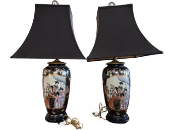 Pair Of Hand Painted Satsuma Vase Table Lamps
