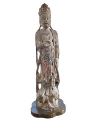 Carved Polychrome Wood Chinese Statue On Gorgeous Brass Base