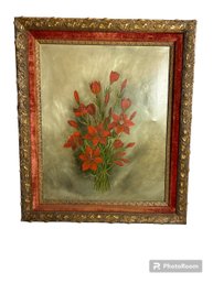 Antique Lily Painting In Ornate Gold Frame With Red Velvet