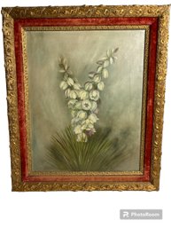 Antique Yucca Painting In Ornate Gold Frame With Red Velevet