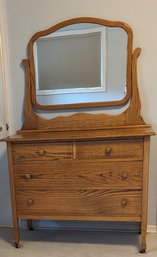Antique Oak Wood Dresser On Wheels With Mirror
