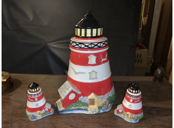 Lighthouse Cookie Jar With Salt And Pepper Shakers