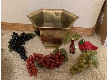 Pot With Faux Grapes And Chilis, Small Red Bottle