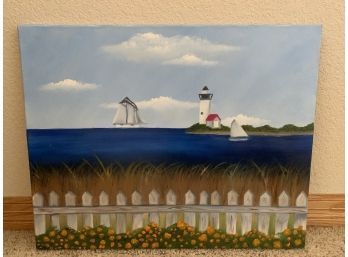 Sailboats And Lighthouse Painting Signed C Rogers