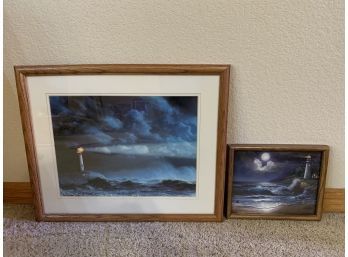 2 Framed Lighthouses At Night Prints