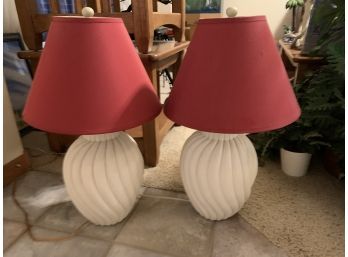 White Swirl Base Lamps With Red Shades